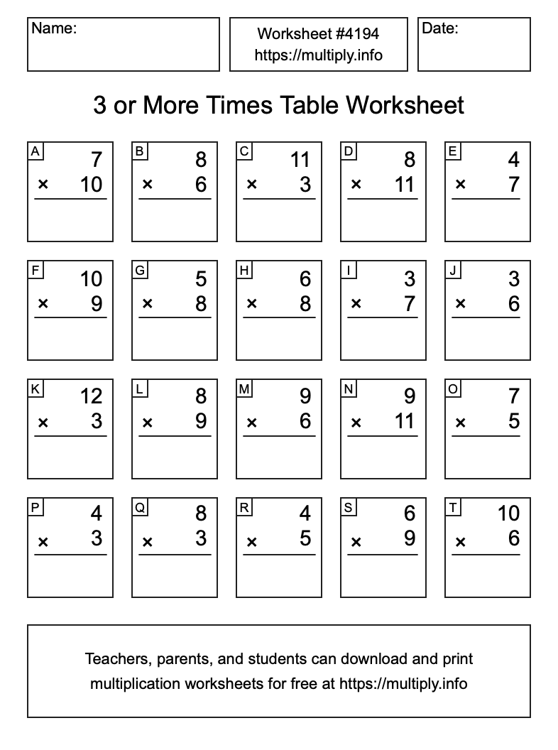 3 or more Times Table Worksheet #4194
