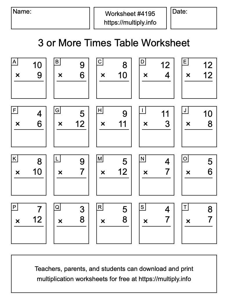 3 or more Times Table Worksheet #4195