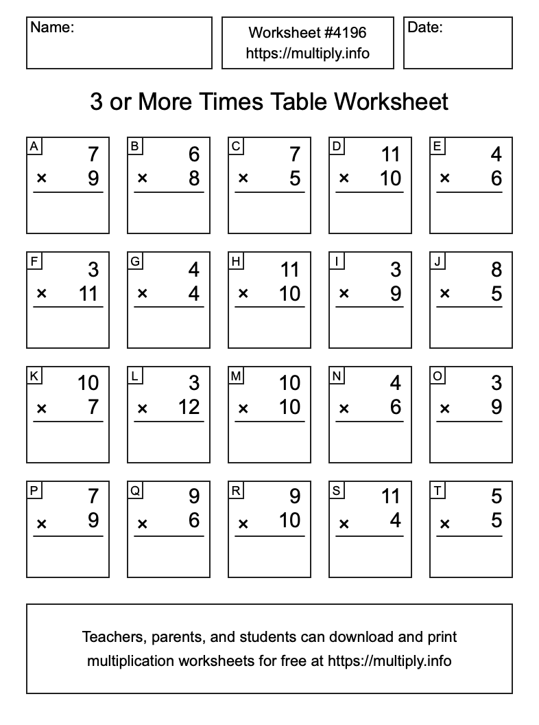 3 or more Times Table Worksheet #4196