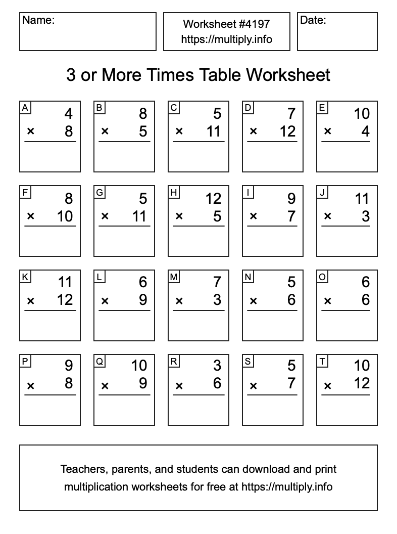 3 or more Times Table Worksheet #4197