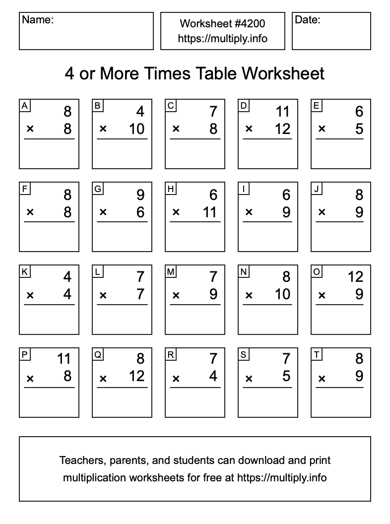 4 or more Times Table Worksheet #4200
