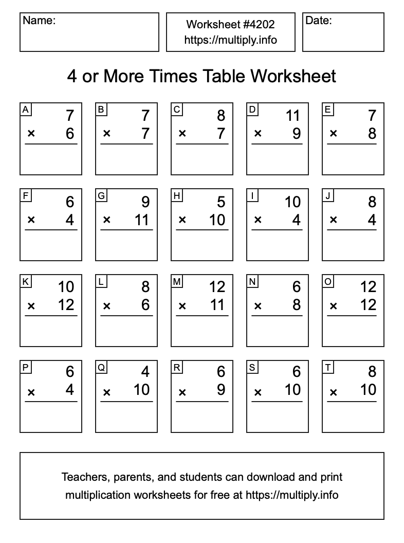 4 or more Times Table Worksheet #4202