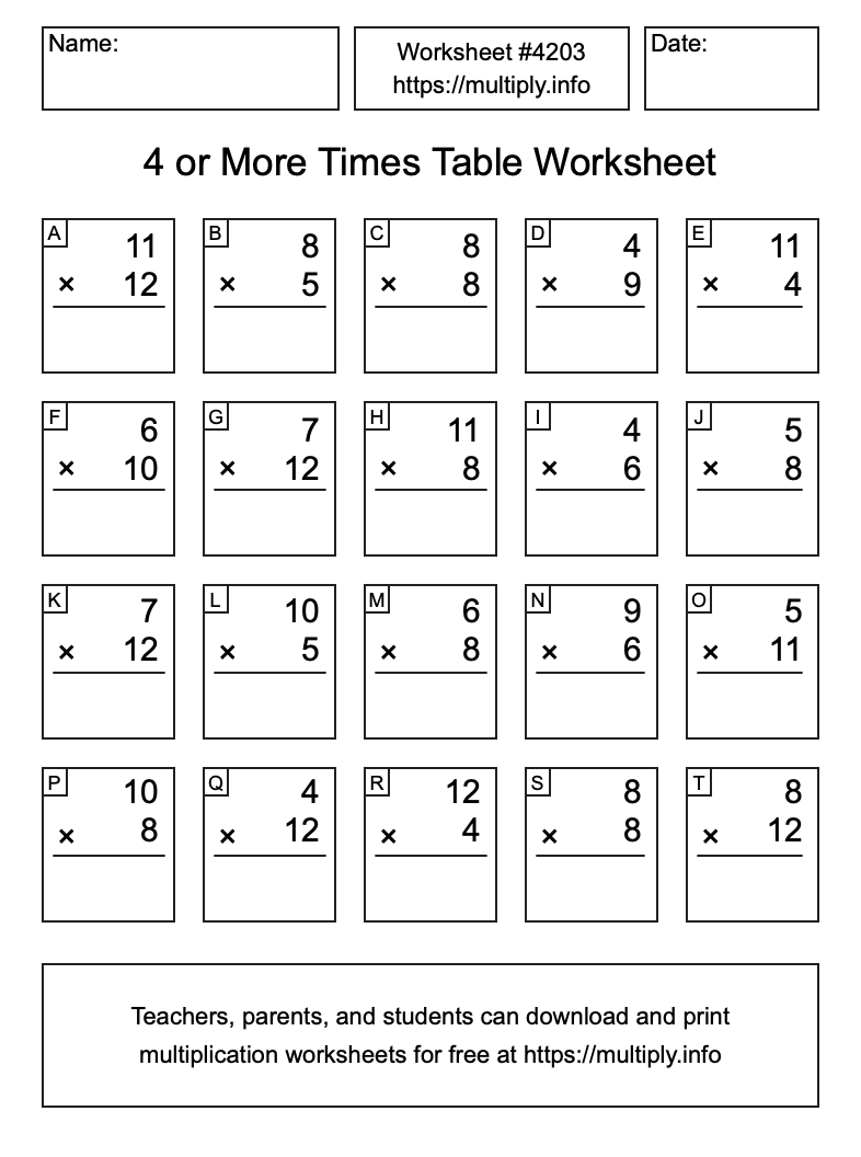 4 or more Times Table Worksheet #4203