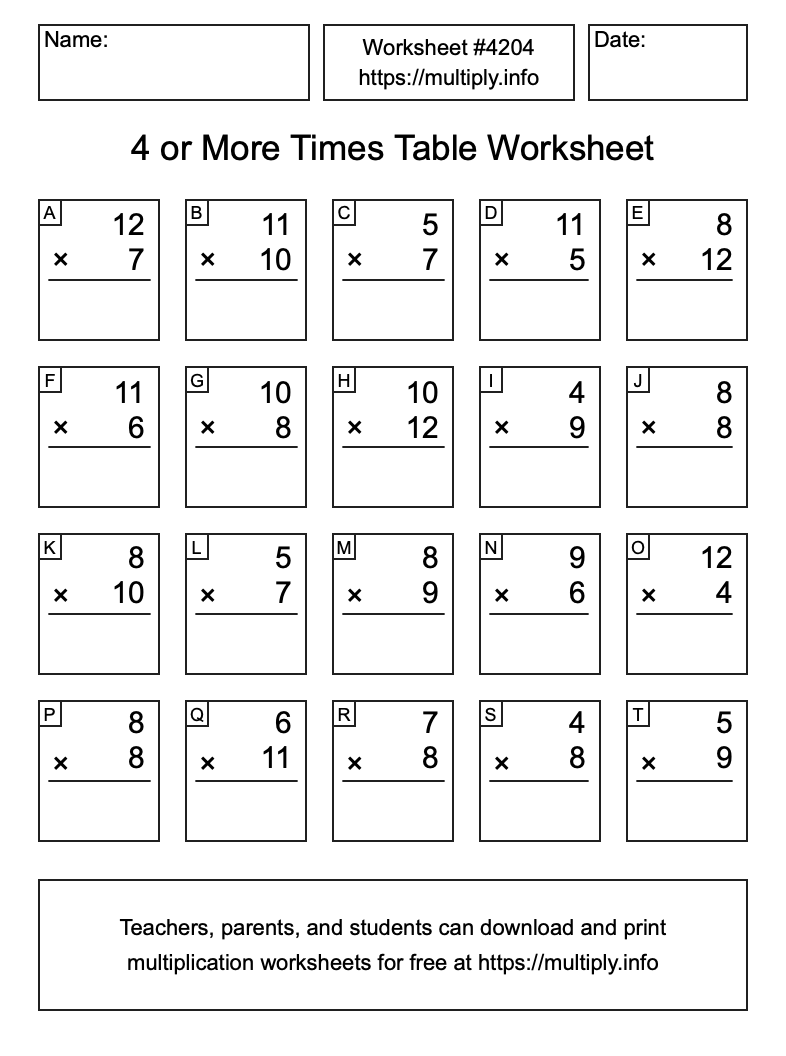 4 or more Times Table Worksheet #4204