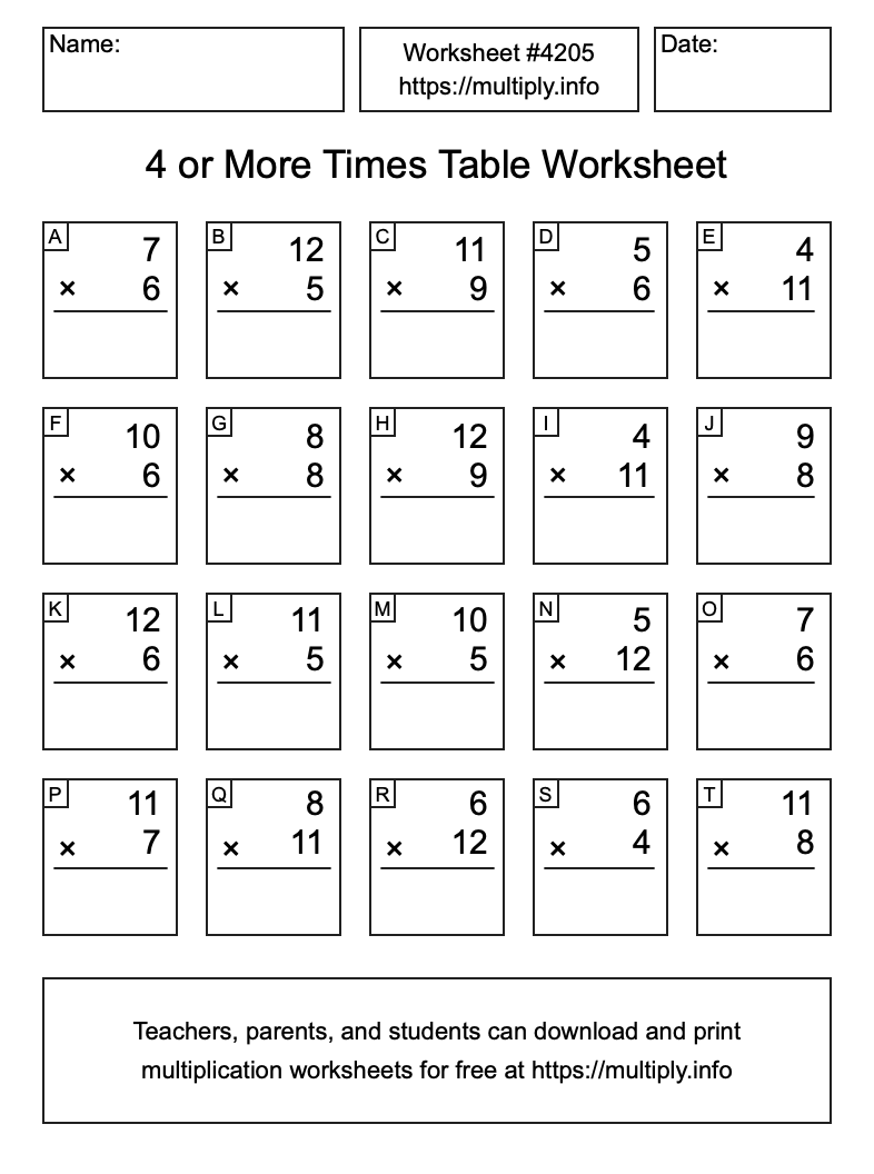 4 or more Times Table Worksheet #4205
