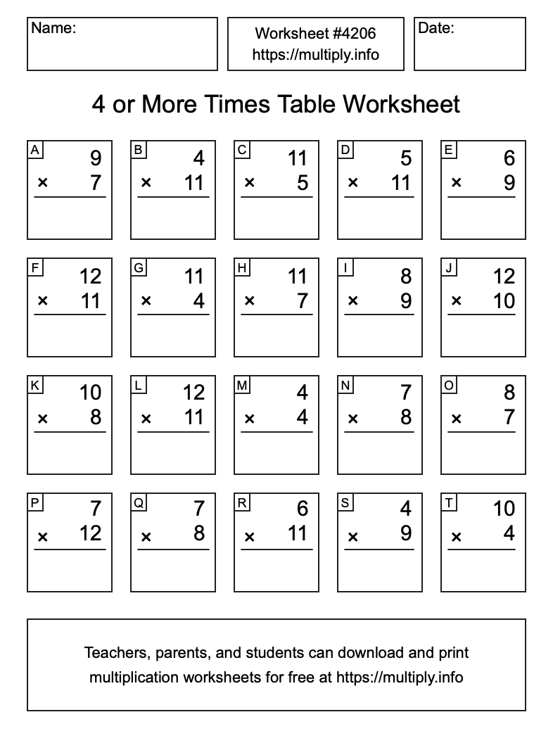 4 or more Times Table Worksheet #4206