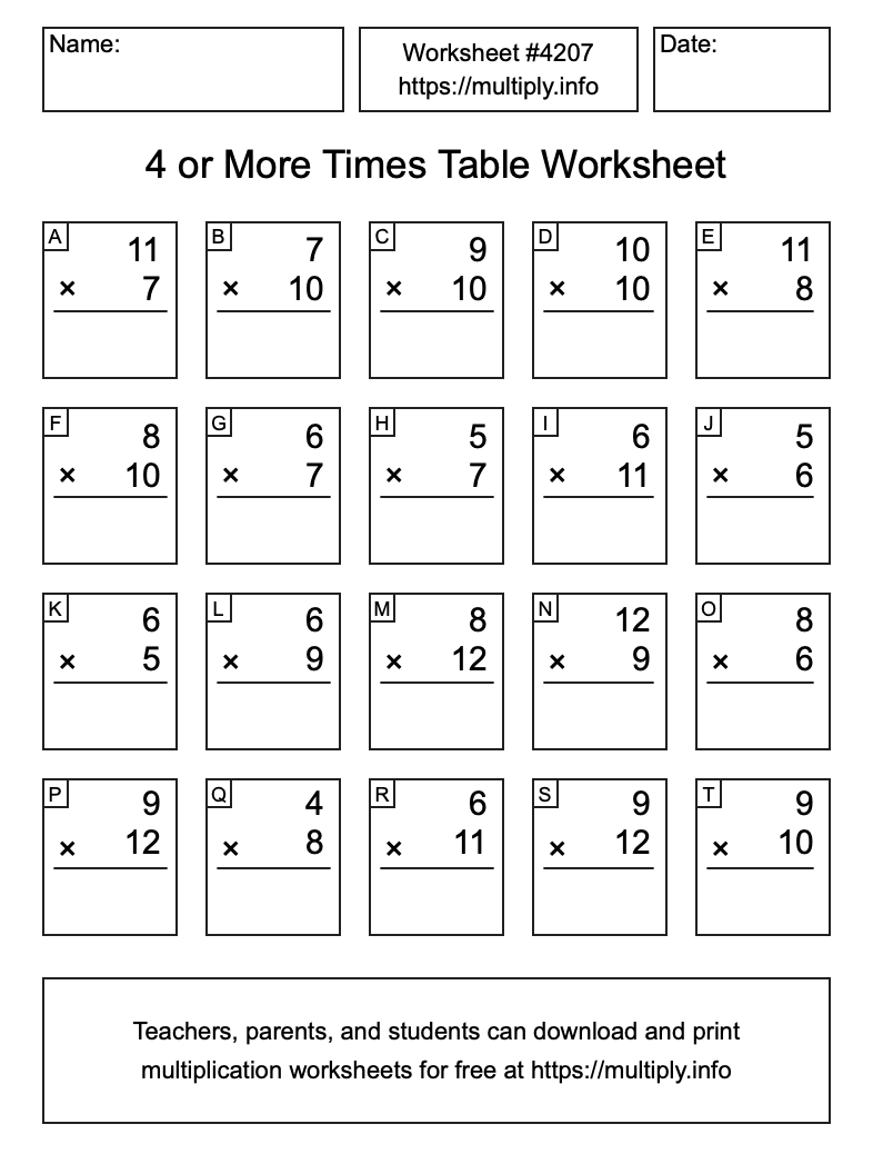 4 or more Times Table Worksheet #4207
