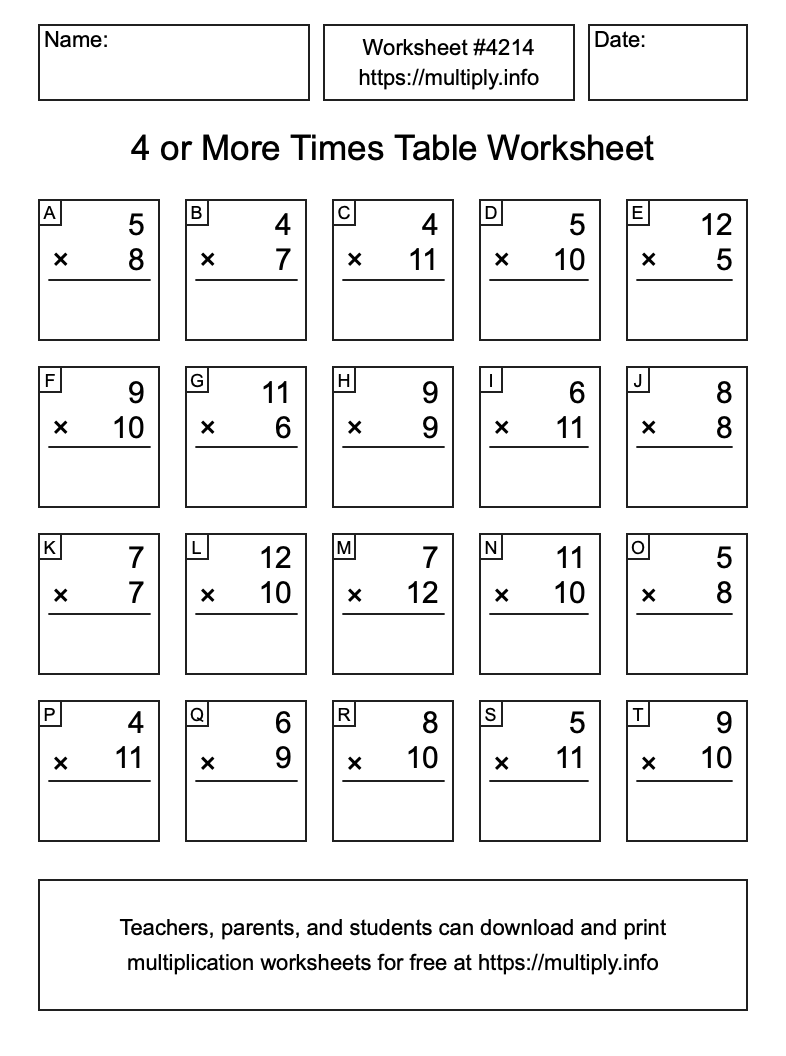 4 or more Times Table Worksheet #4214