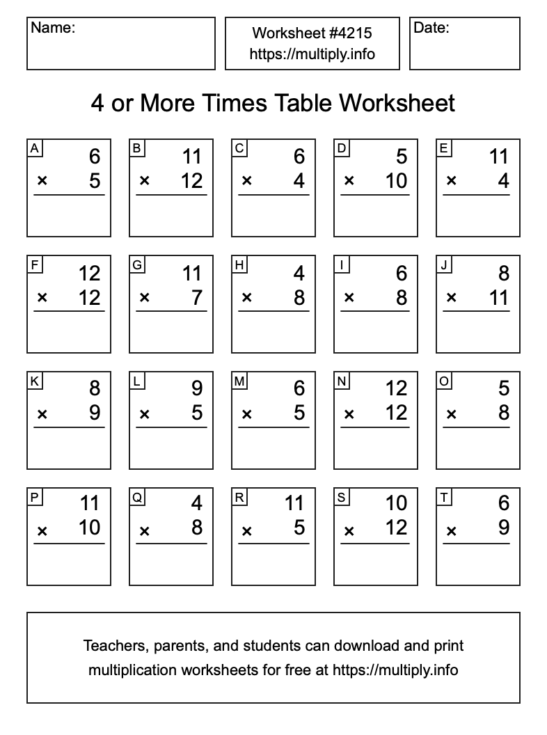 4 or more Times Table Worksheet #4215