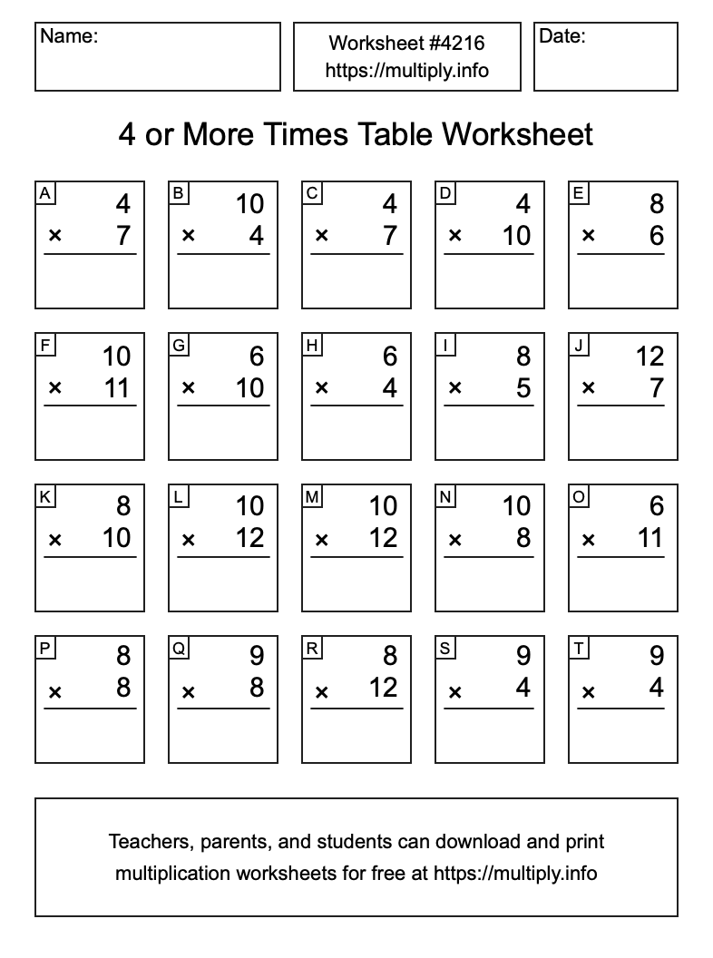 4 or more Times Table Worksheet #4216