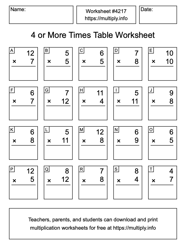 4 or more Times Table Worksheet #4217
