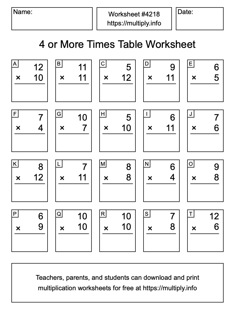 4 or more Times Table Worksheet #4218