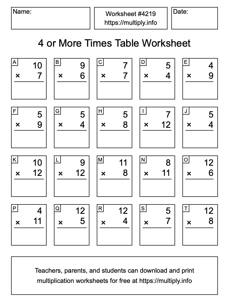 4 or more Times Table Worksheet #4219