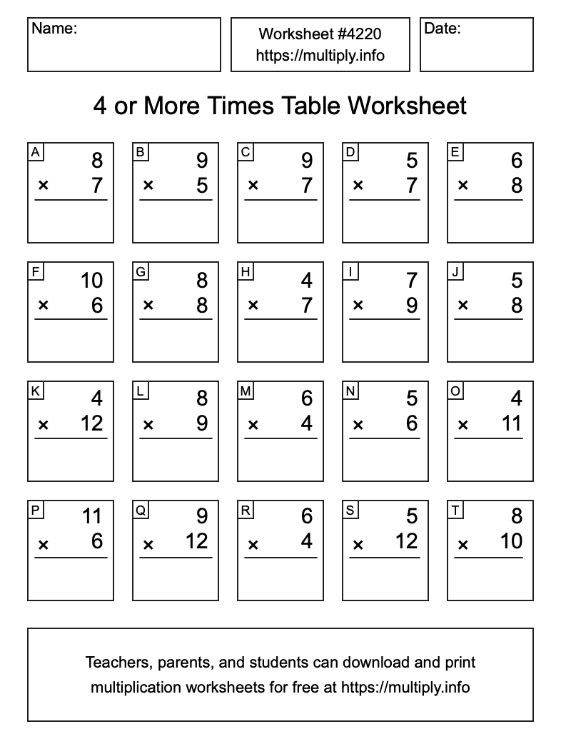 4 or more Times Table Worksheet #4220