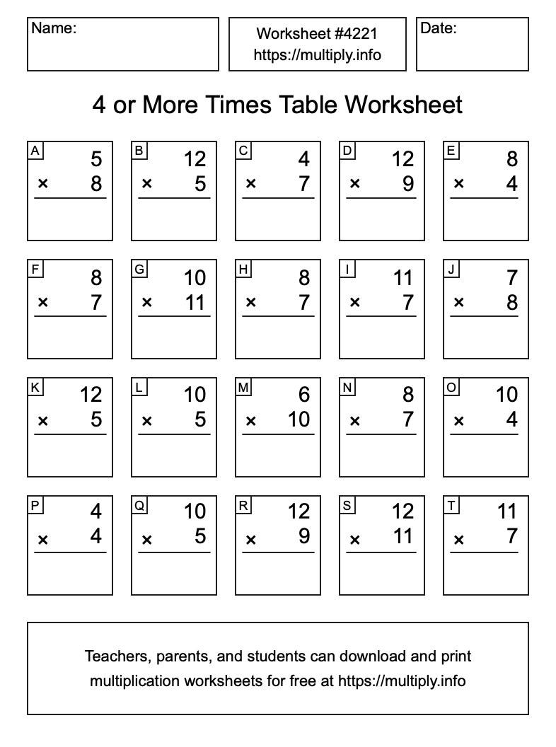 4 or more Times Table Worksheet #4221