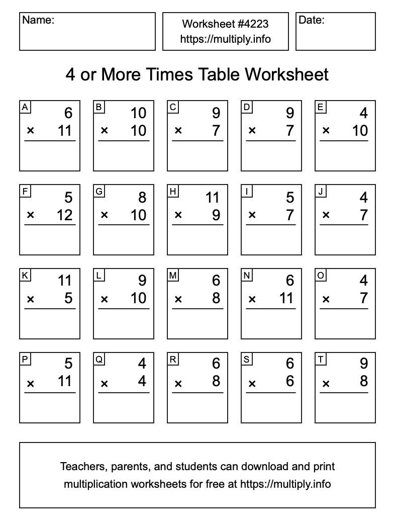 4 or more Times Table Worksheet #4223