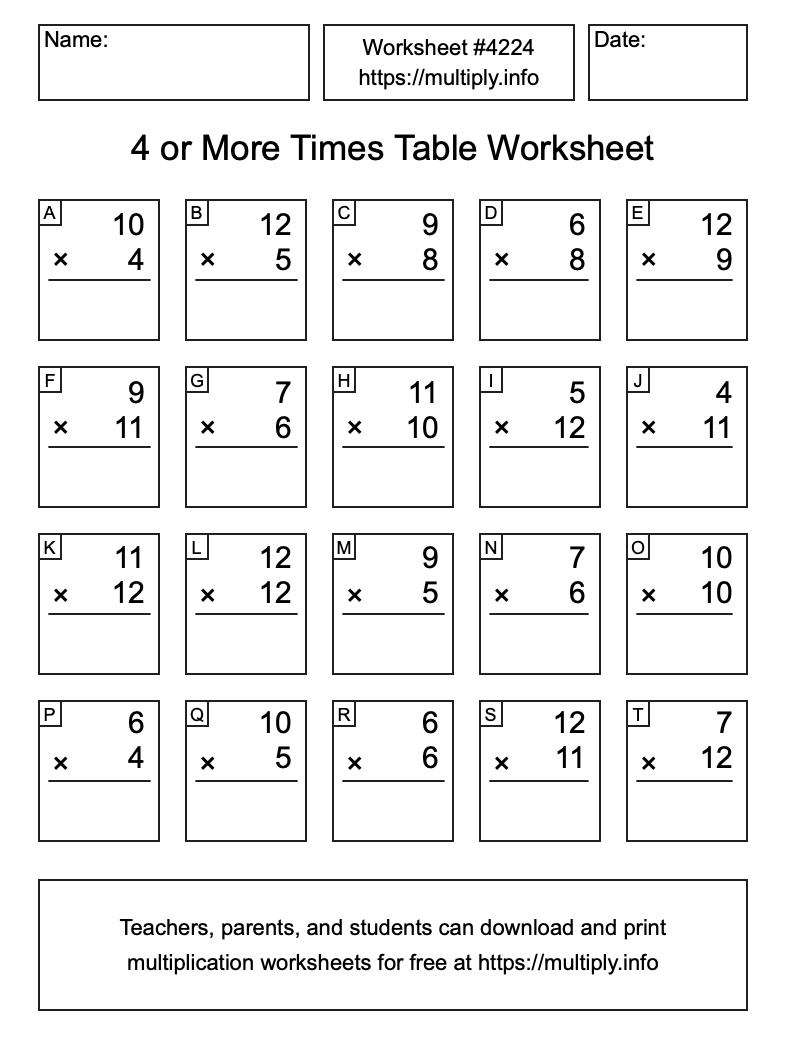 4 or more Times Table Worksheet #4224