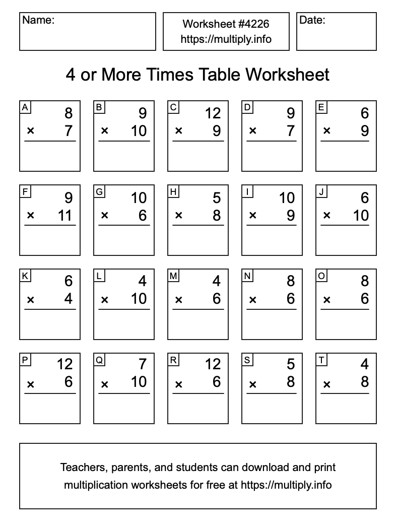 4 or more Times Table Worksheet #4226