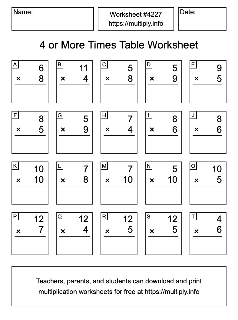 4 or more Times Table Worksheet #4227