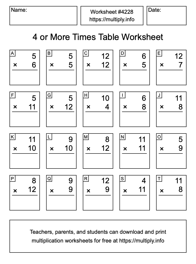 4 or more Times Table Worksheet #4228