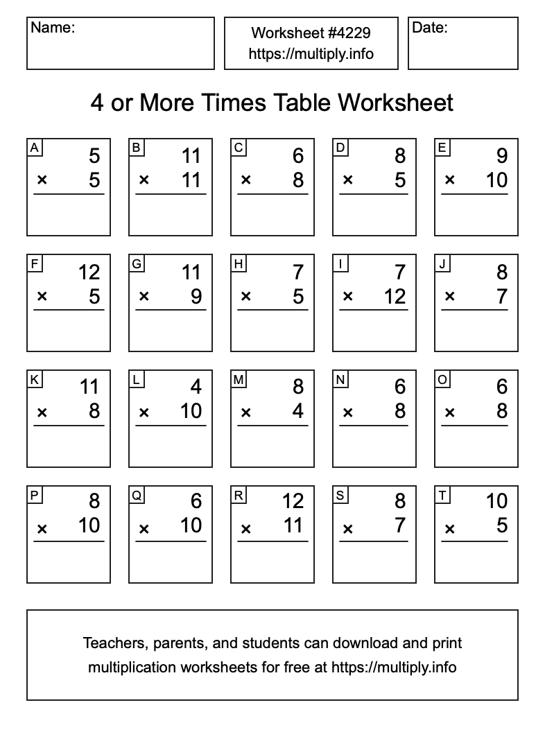 4 or more Times Table Worksheet #4229