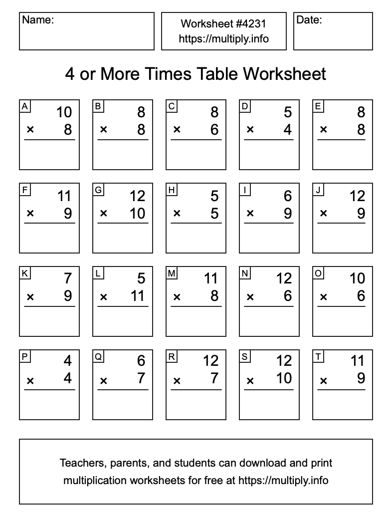 4 or more Times Table Worksheet #4231