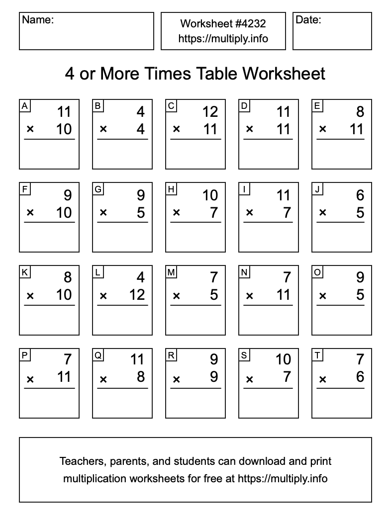 4 or more Times Table Worksheet #4232