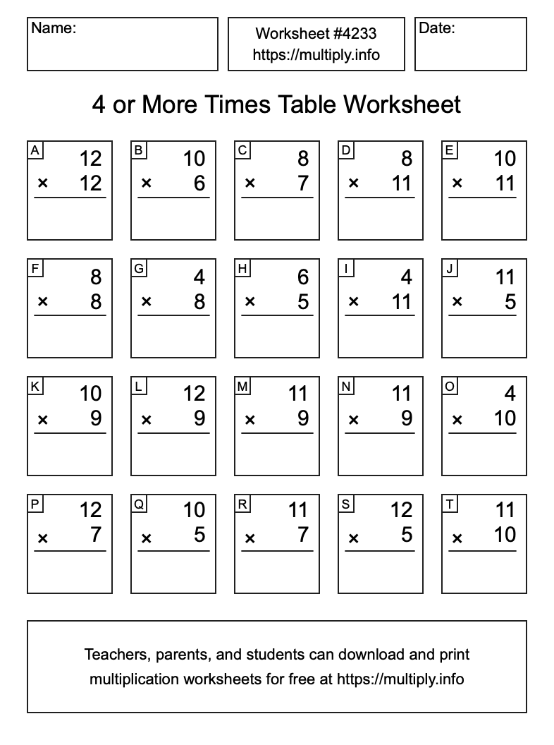 4 or more Times Table Worksheet #4233