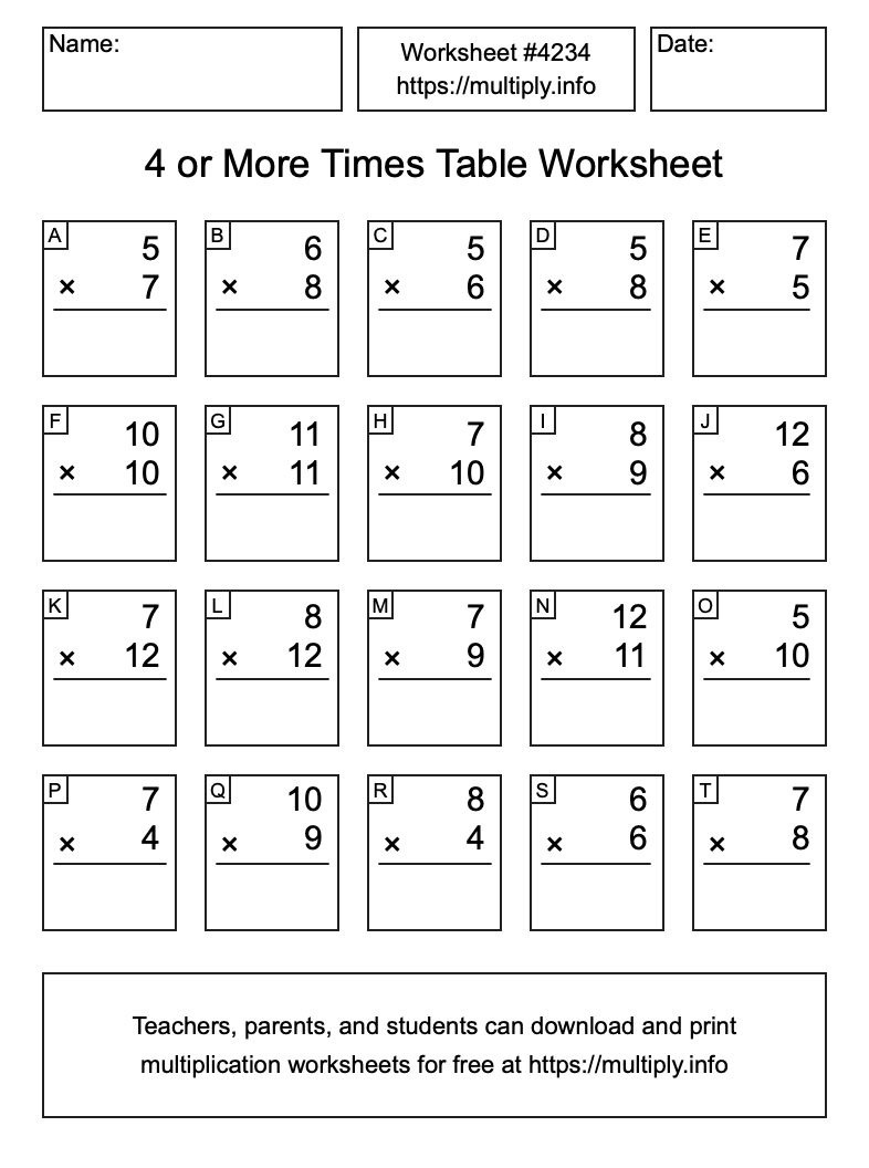 4 or more Times Table Worksheet #4234
