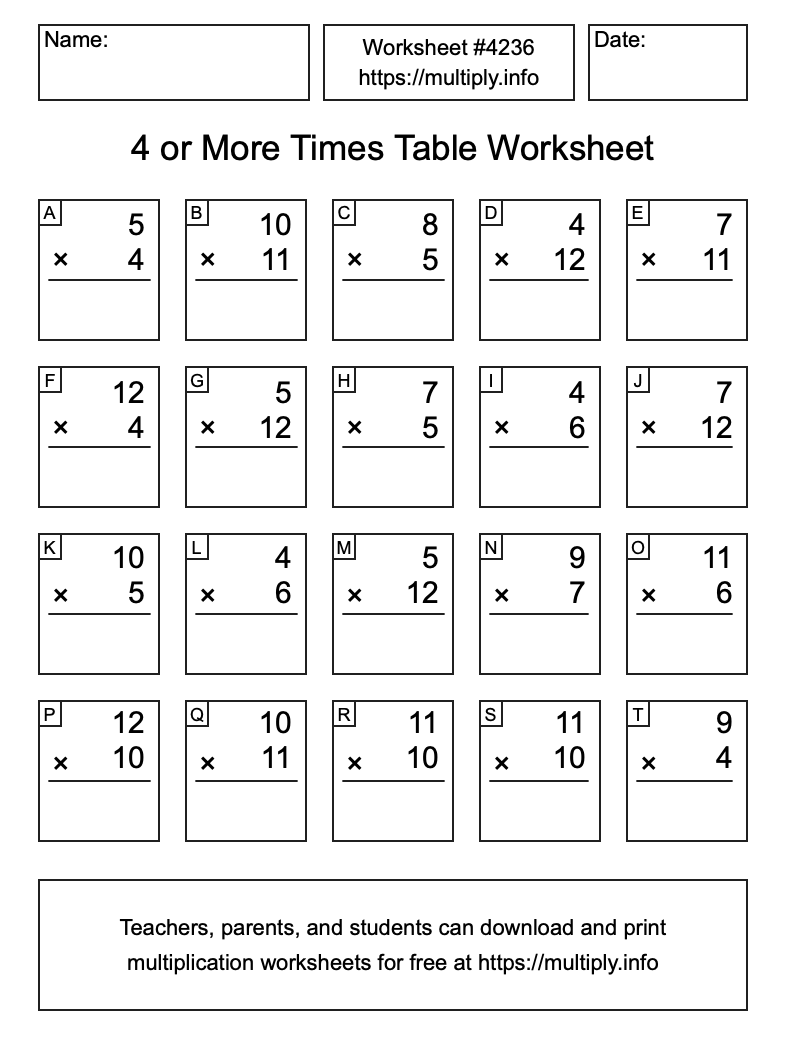 4 or more Times Table Worksheet #4236