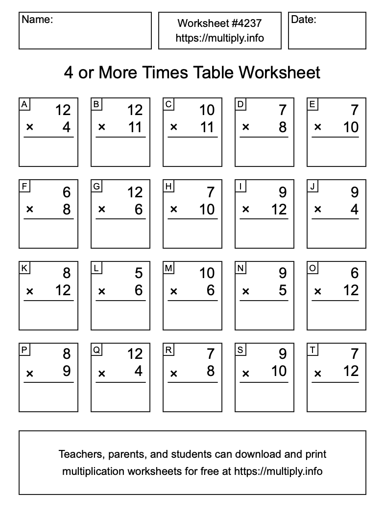 4 or more Times Table Worksheet #4237