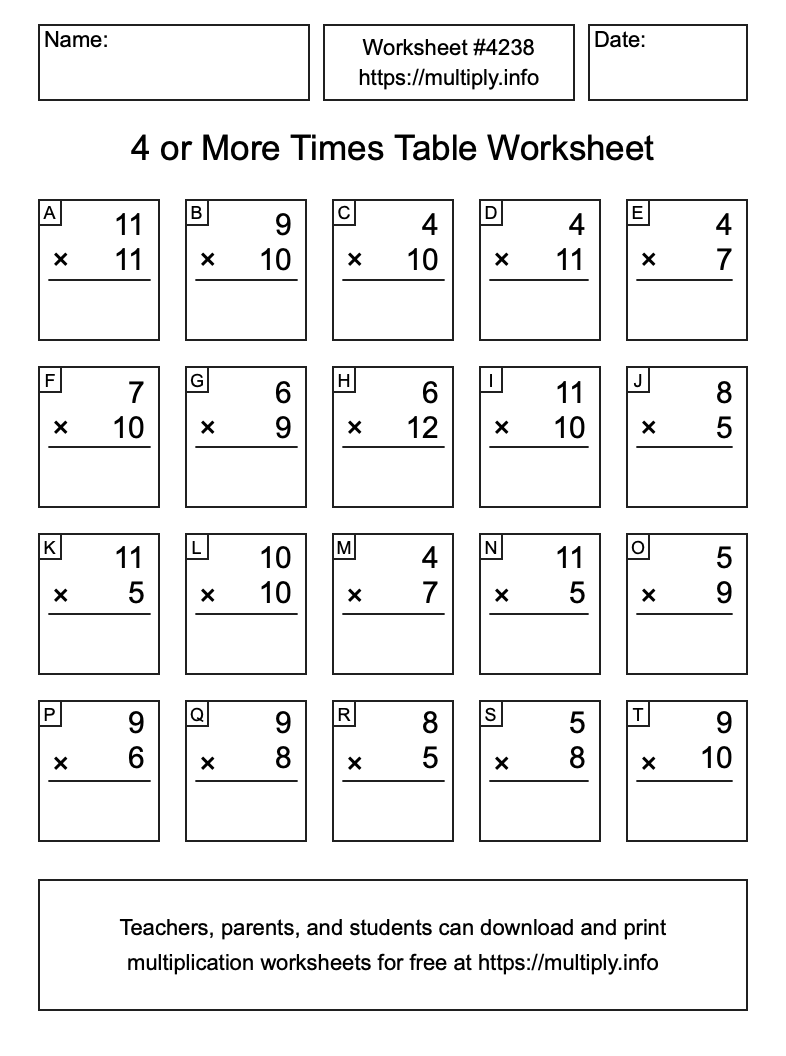 4 or more Times Table Worksheet #4238