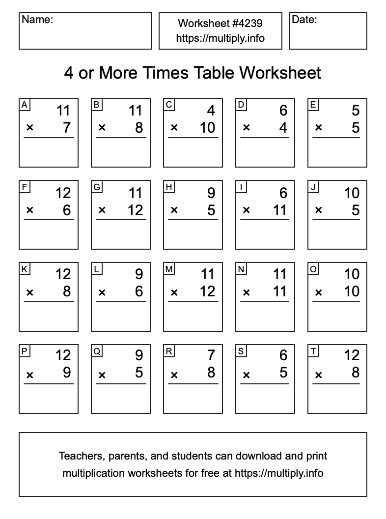 4 or more Times Table Worksheet #4239