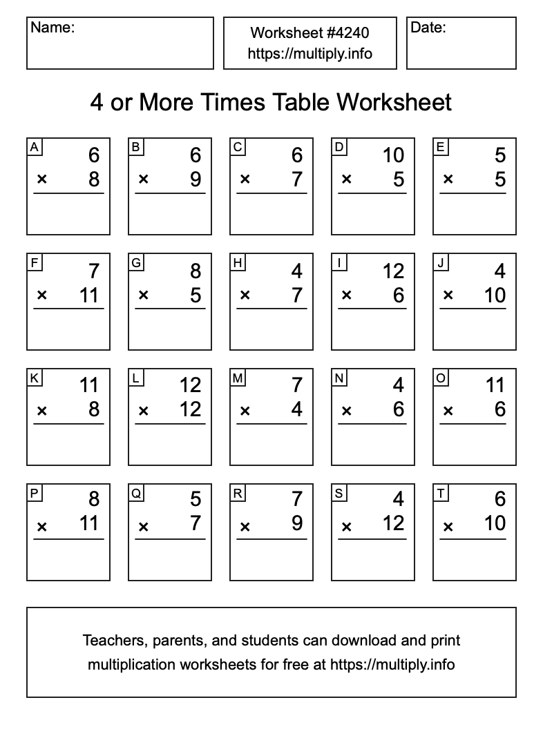 4 or more Times Table Worksheet #4240