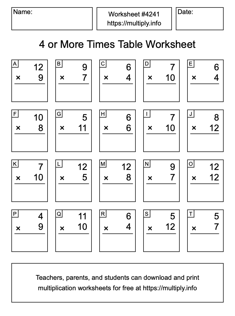 4 or more Times Table Worksheet #4241