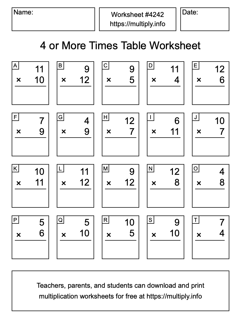 4 or more Times Table Worksheet #4242