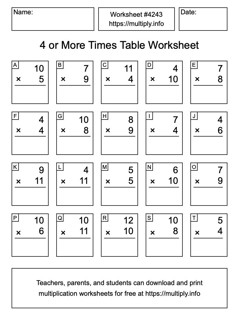 4 or more Times Table Worksheet #4243