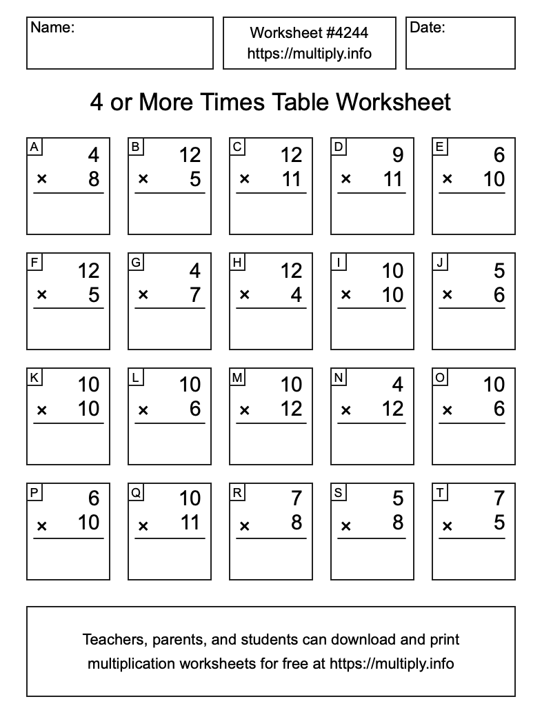 4 or more Times Table Worksheet #4244