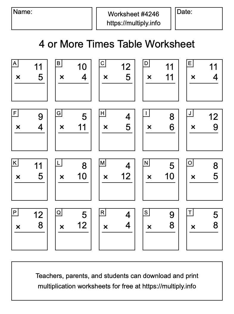 4 or more Times Table Worksheet #4246