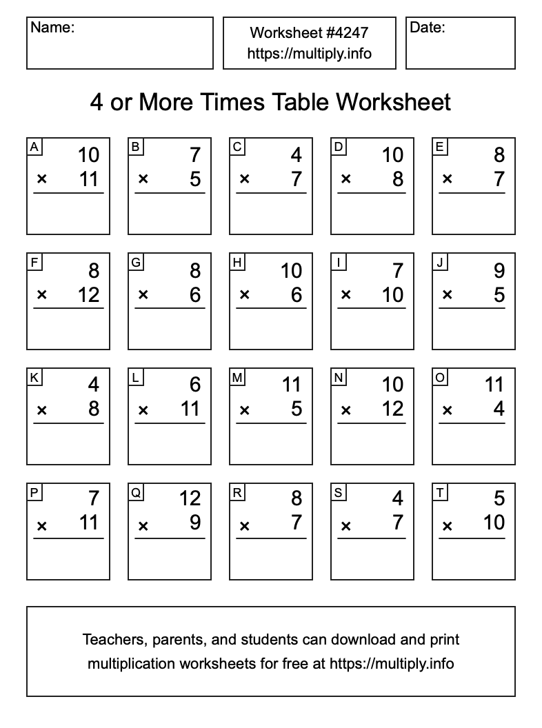 4 or more Times Table Worksheet #4247