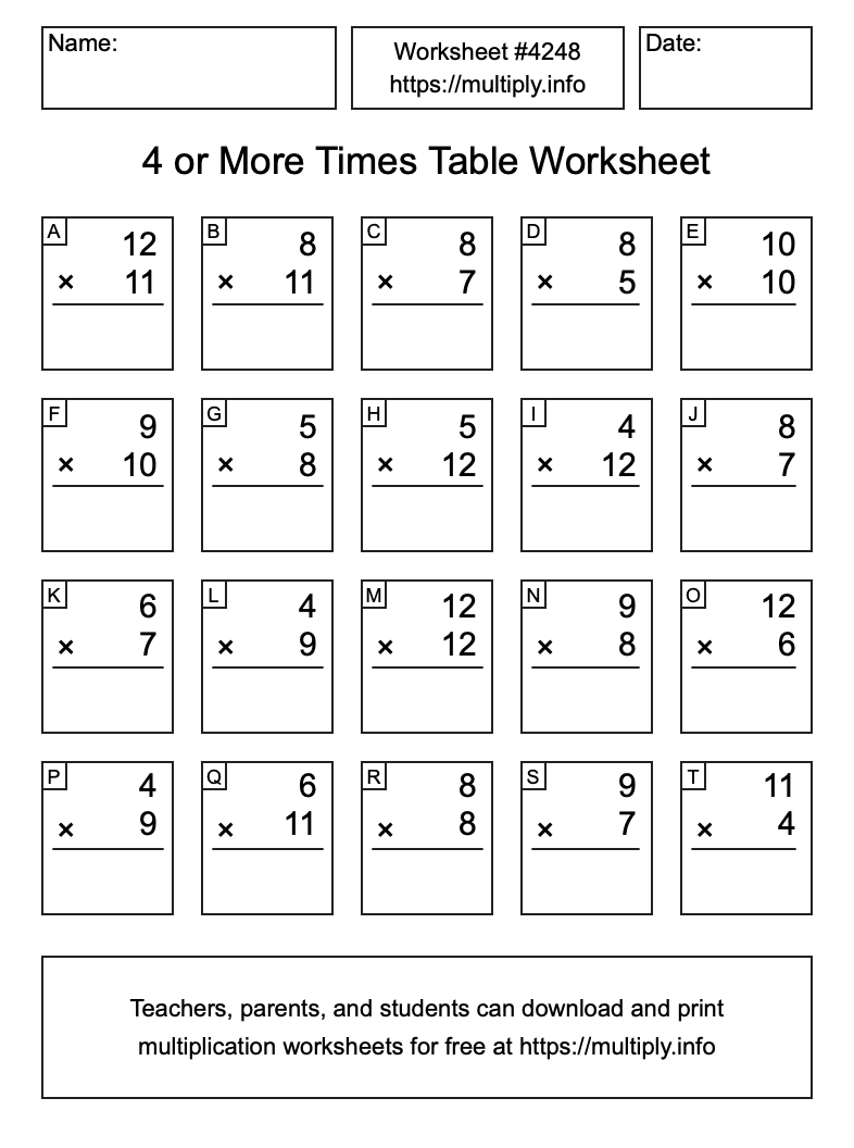 4 or more Times Table Worksheet #4248