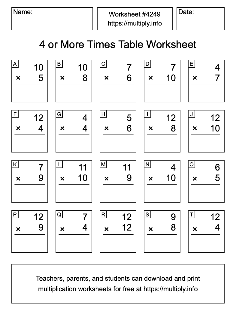 4 or more Times Table Worksheet #4249