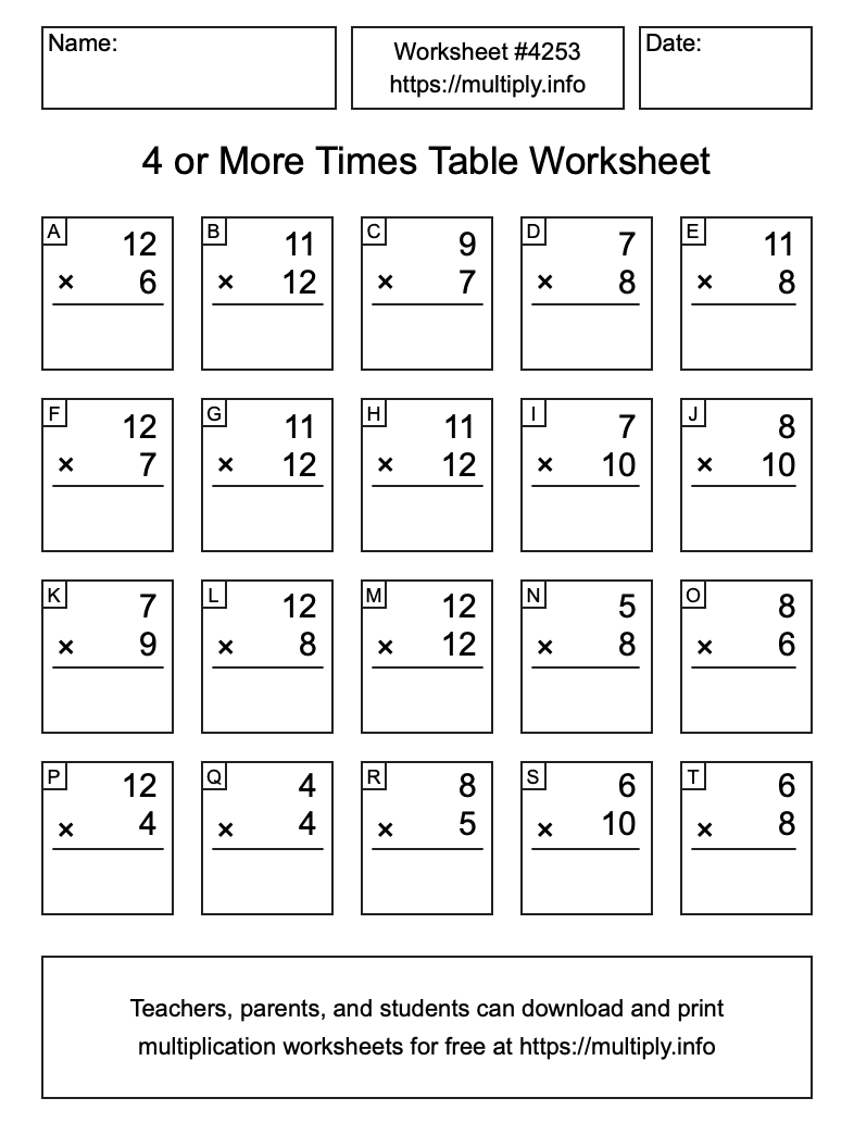 4 or more Times Table Worksheet #4253