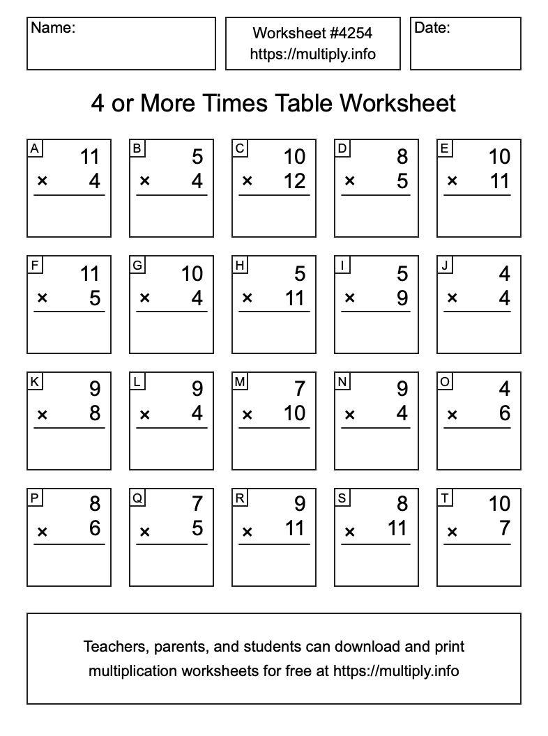 4 or more Times Table Worksheet #4254