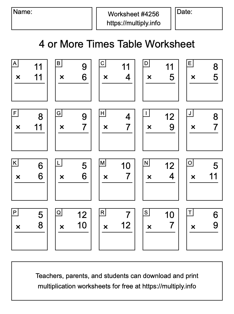 4 or more Times Table Worksheet #4256