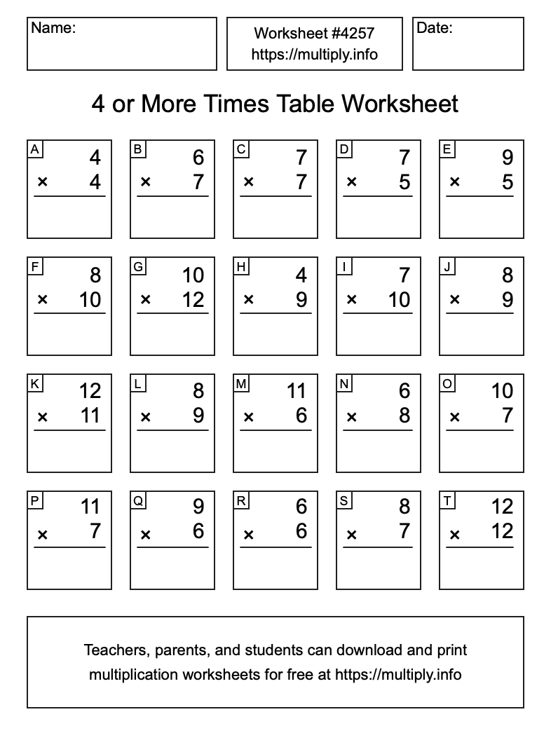 4 or more Times Table Worksheet #4257