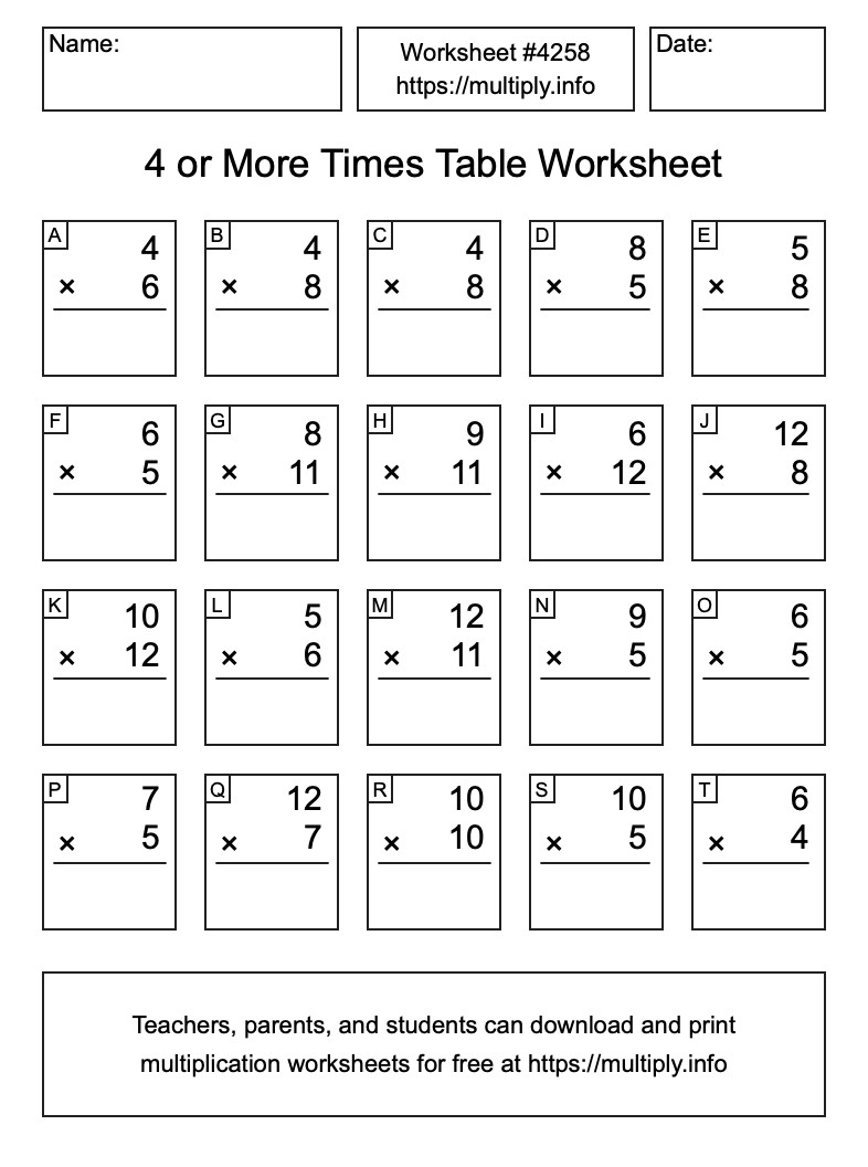 4 or more Times Table Worksheet #4258