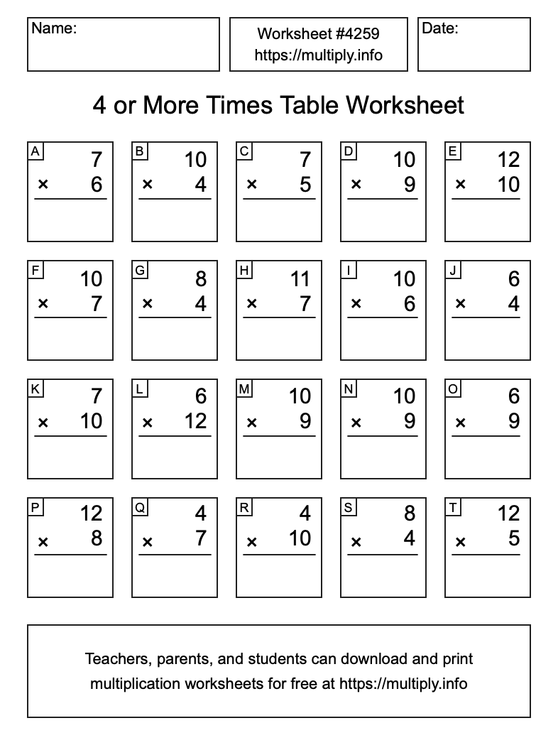 4 or more Times Table Worksheet #4259
