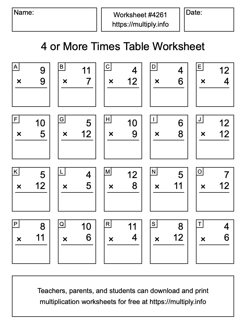 4 or more Times Table Worksheet #4261