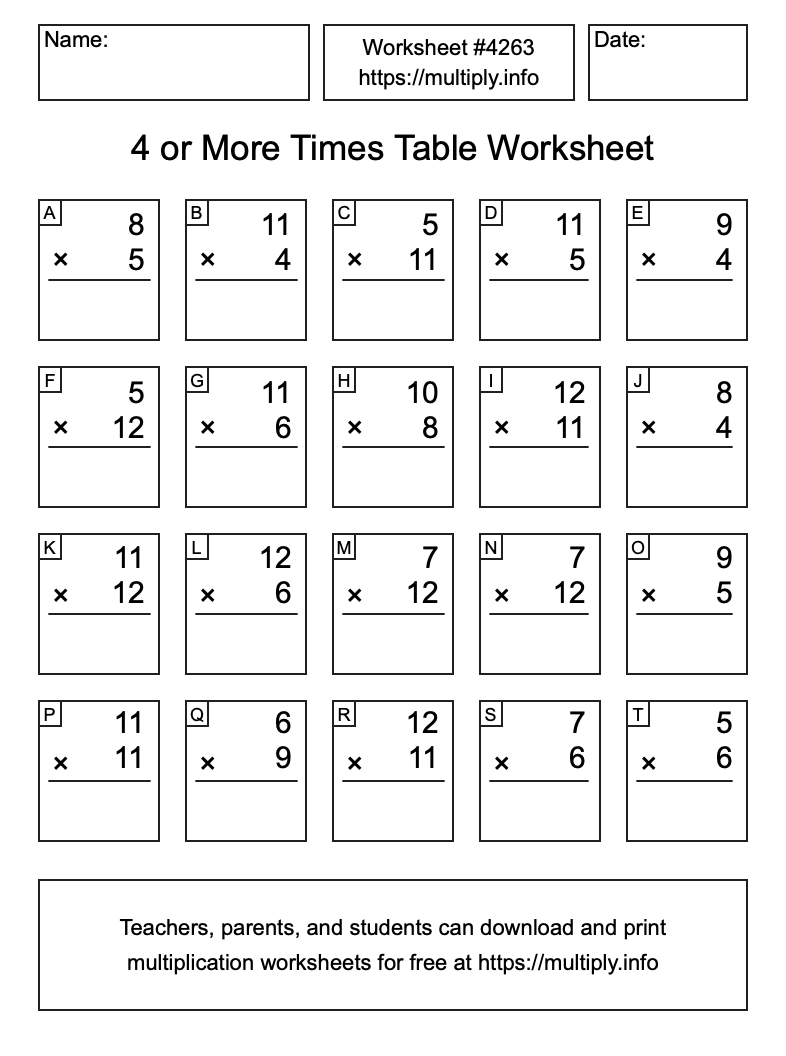 4 or more Times Table Worksheet #4263